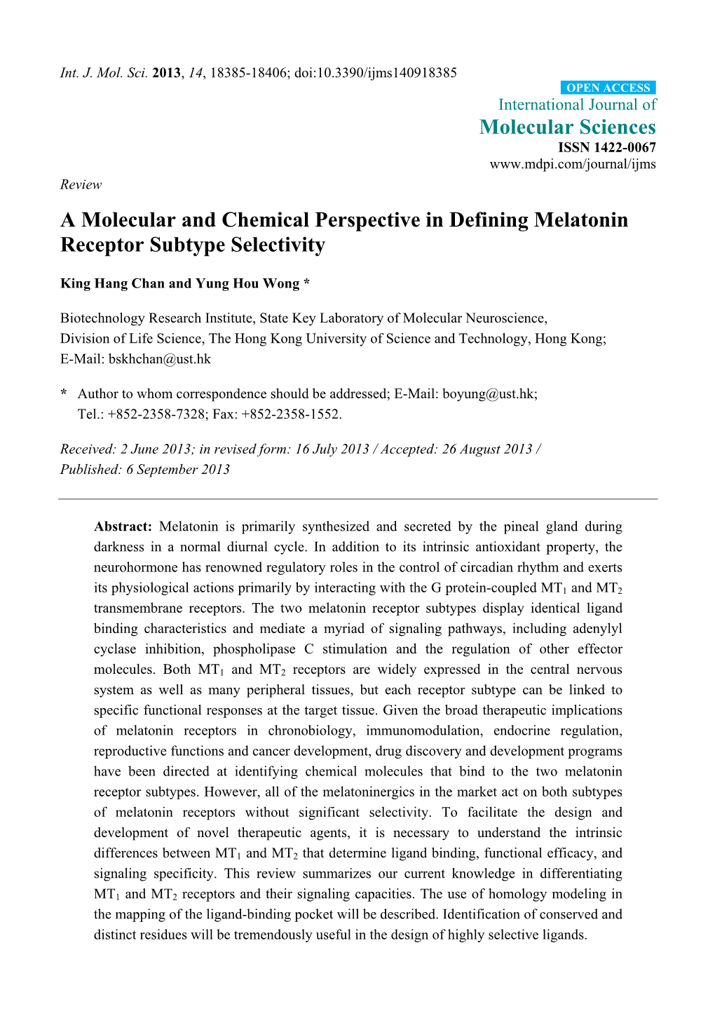 A Molecular and Chemical Perspective in Defining Melatonin Receptor Subtype Selectivity