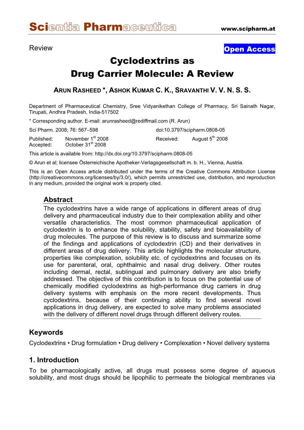 Cyclodextrins As Drug Carrier Molecule: a Review