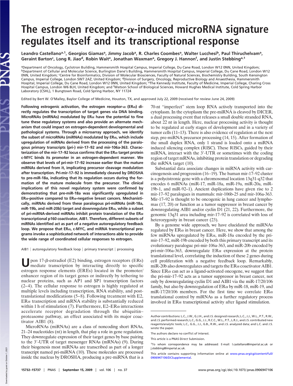 The Estrogen Receptor- -Induced Microrna Signature Regulates Itself