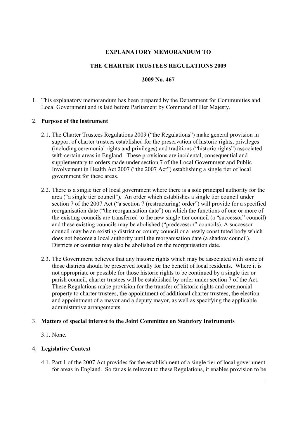 Explanatory Memorandum to the Charter Trustees