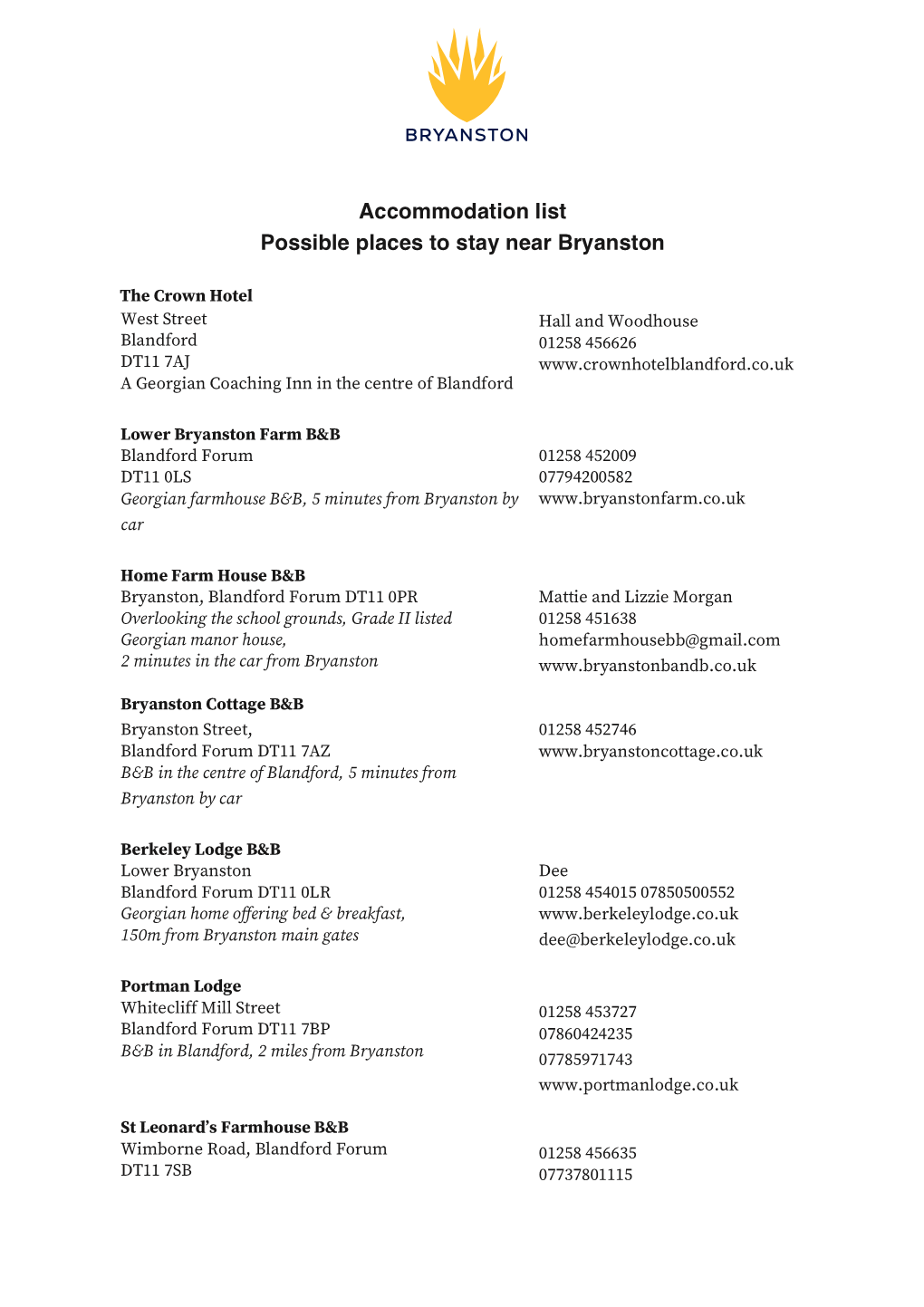 Accommodation List Possible Places to Stay Near Bryanston