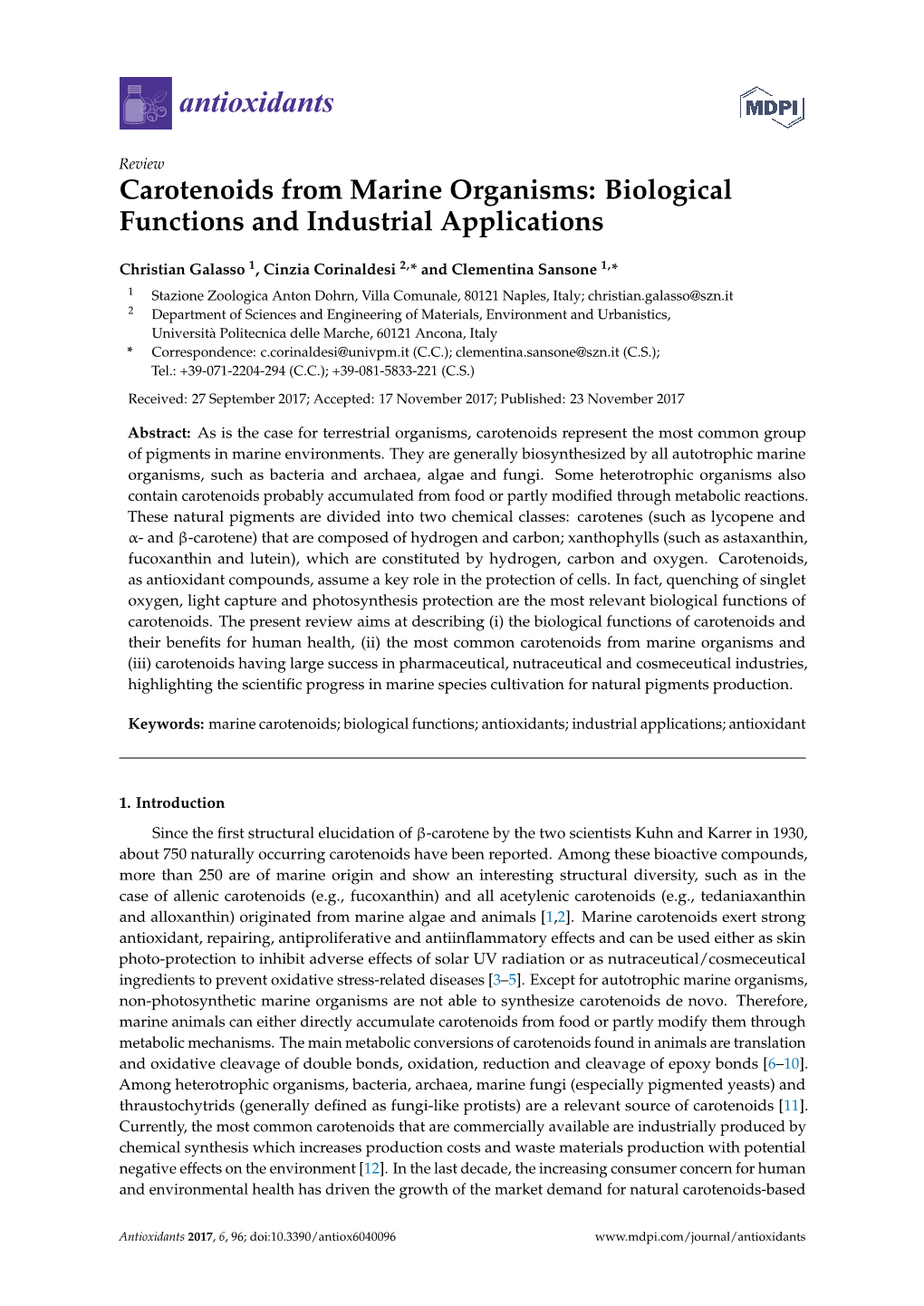 Carotenoids from Marine Organisms: Biological Functions and Industrial Applications