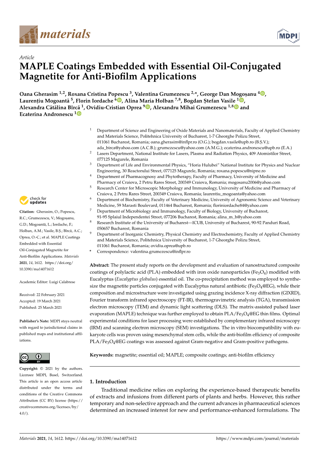 MAPLE Coatings Embedded with Essential Oil-Conjugated Magnetite for Anti-Bioﬁlm Applications