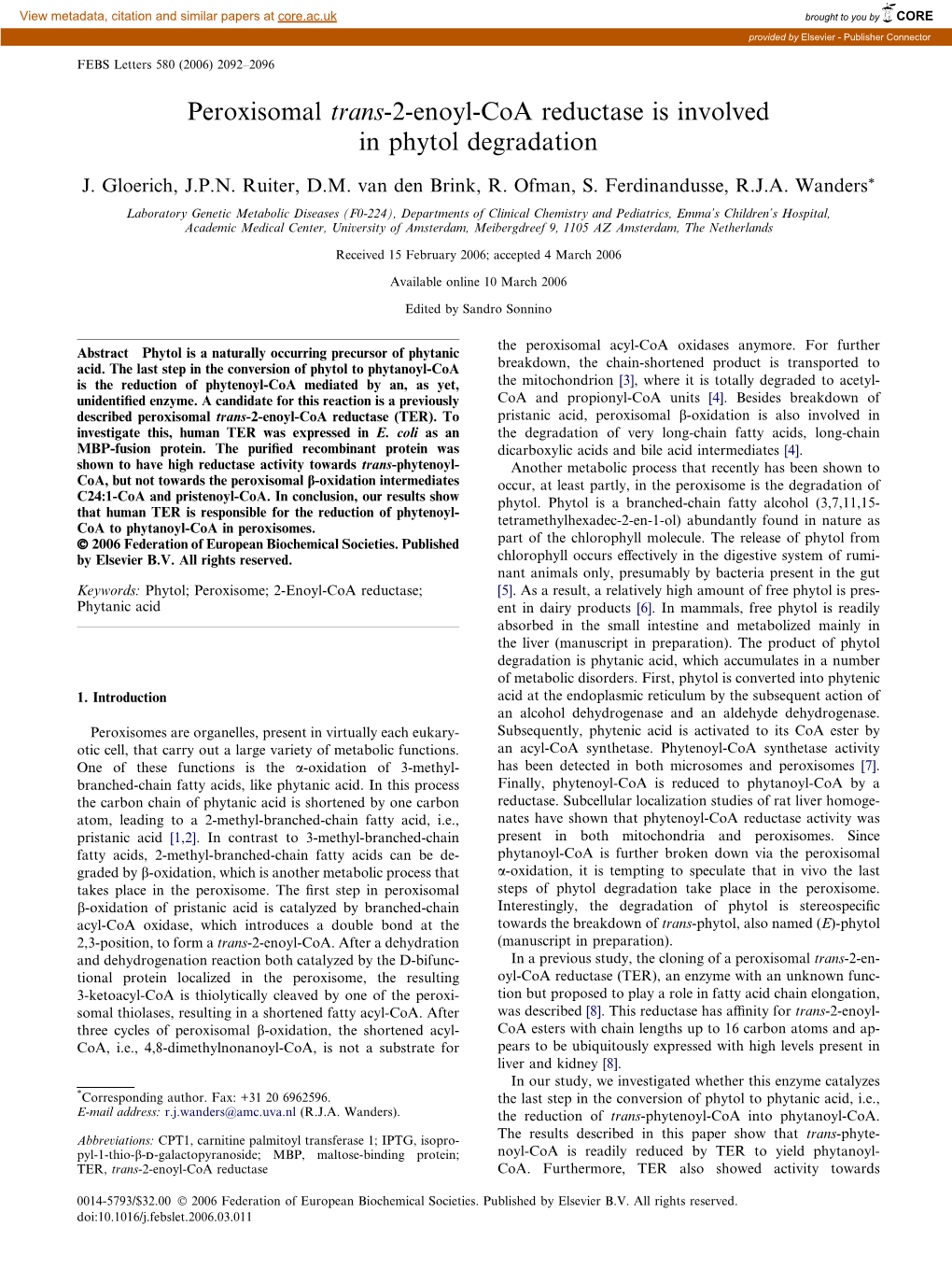 Peroxisomal Trans-2-Enoyl-Coa Reductase Is Involved in Phytol Degradation