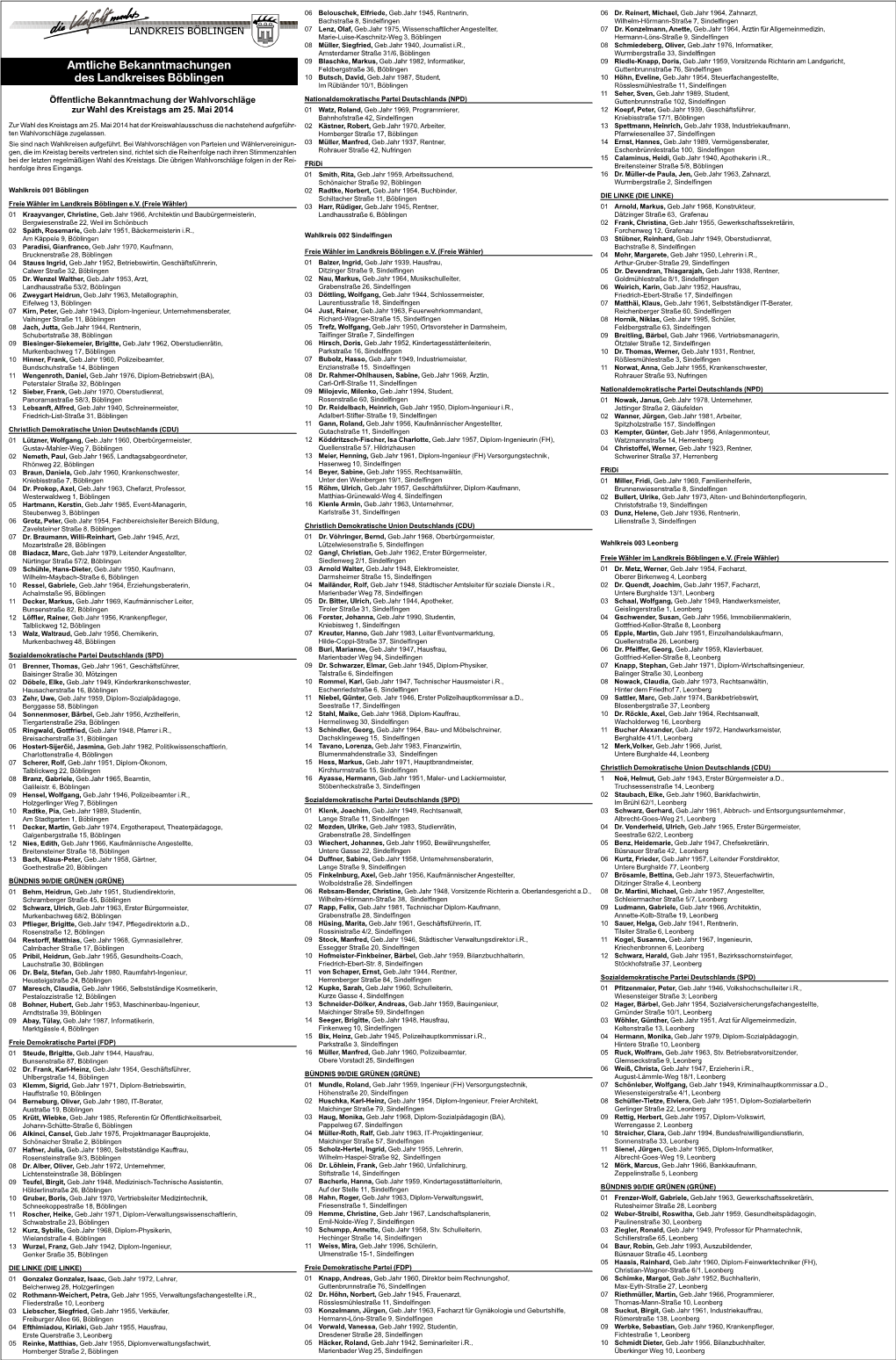 Amtliche Bekanntmachungen Des Landkreises Böblingen Änderung Der Öffentlichen Bekanntmachung Der Wahl- Vorschläge Zur Wahl Des Kreistags Am 25