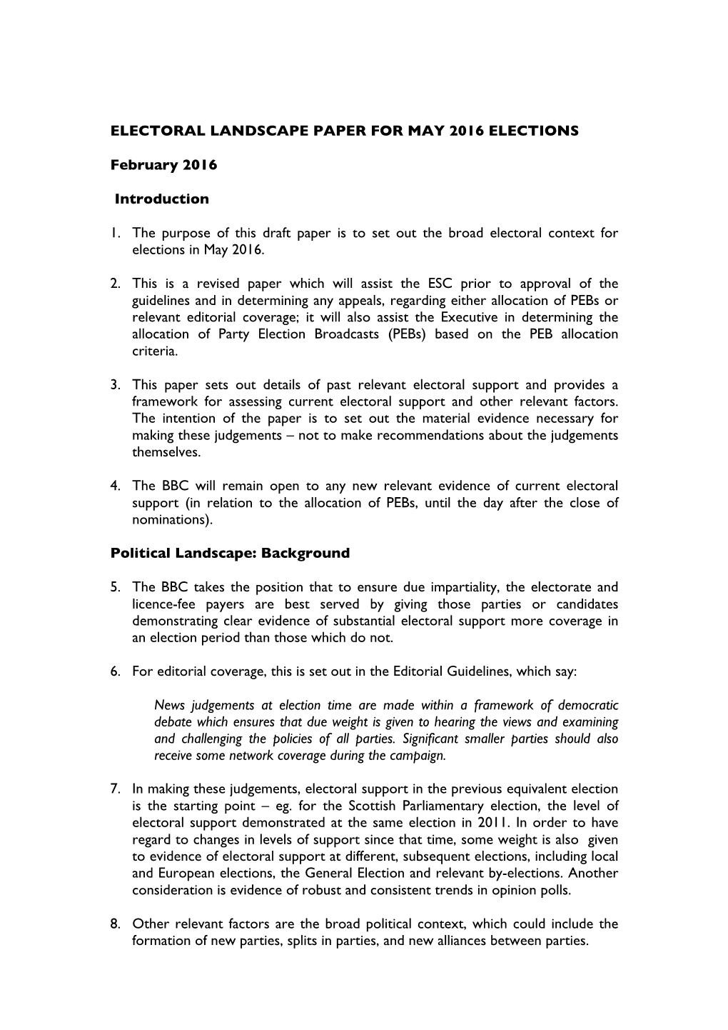 Electoral Landscape Paper for May 2016 Elections