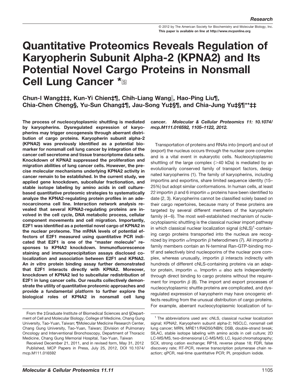 (KPNA2) and Its Potential Novel Cargo Proteins in Nonsmall Cell Lung Cancer *□S
