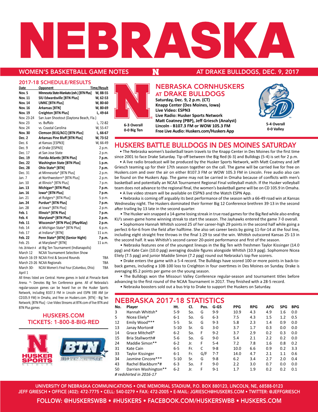 Nebraska 2017-18 Statistics Huskers