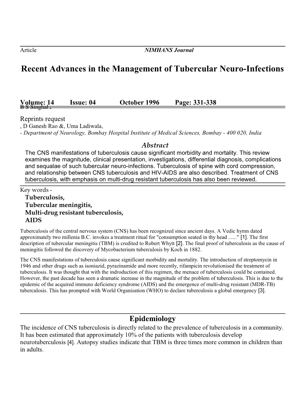 Recent Advances in the Management of Tubercular Neuro-Infections