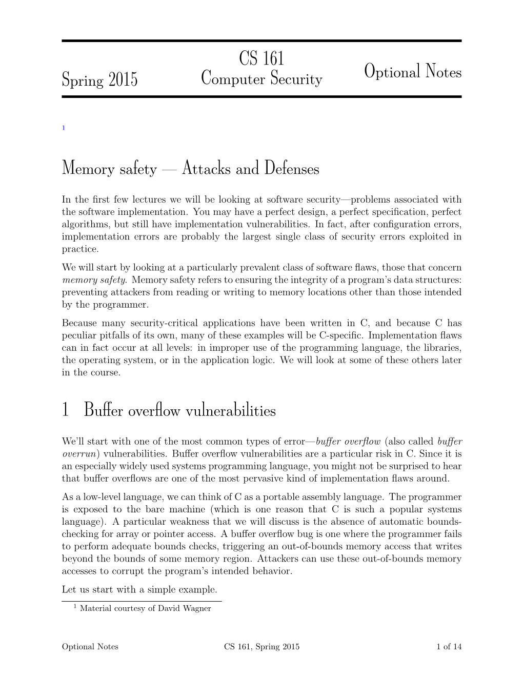 Spring 2015 CS 161 Computer Security Optional Notes Memory