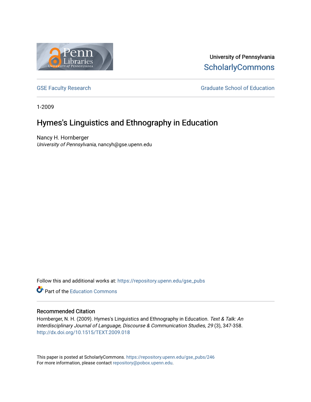 Hymes's Linguistics and Ethnography in Education