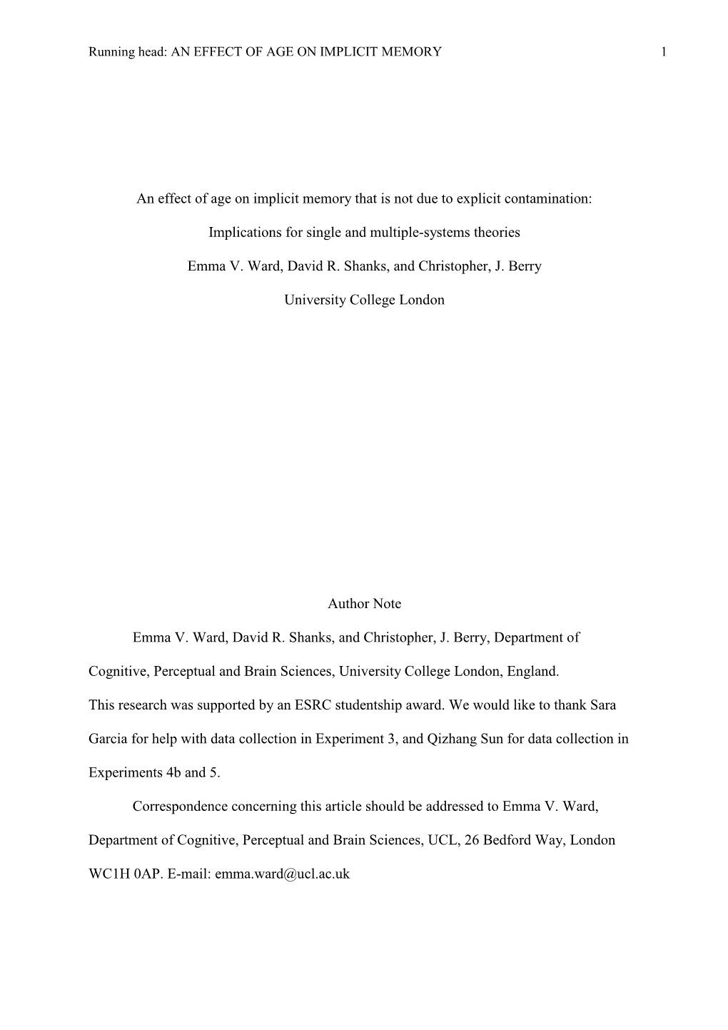 An Effect of Age on Implicit Memory That Is Not Due to Explicit Contamination