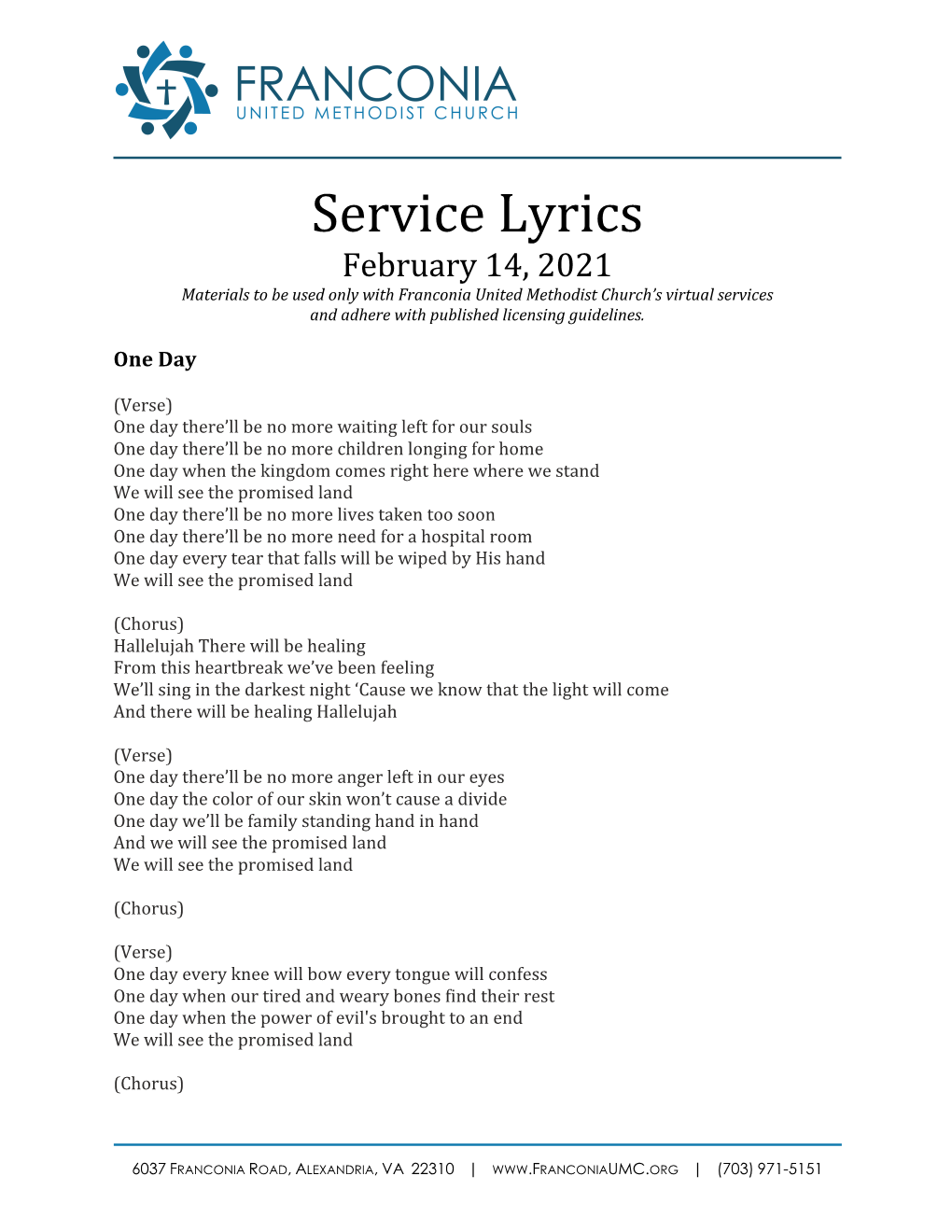Service Lyrics February 14, 2021 Materials to Be Used Only with Franconia United Methodist Church’S Virtual Services and Adhere with Published Licensing Guidelines