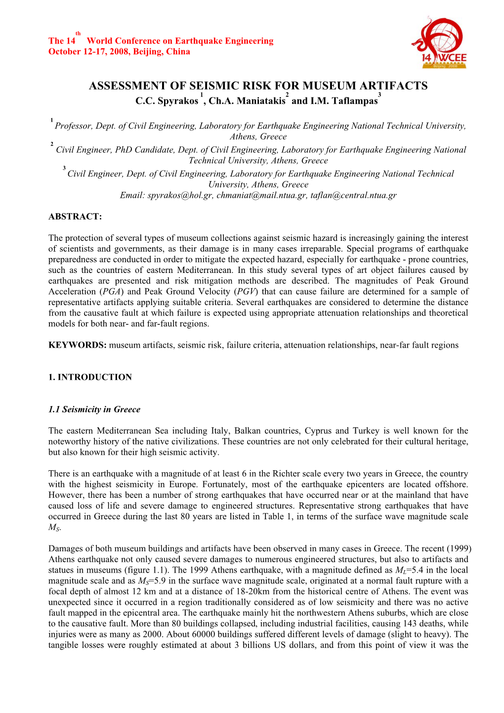 Assessment of Seismic Risk for Museum Artifacts 1 2 3 C.C