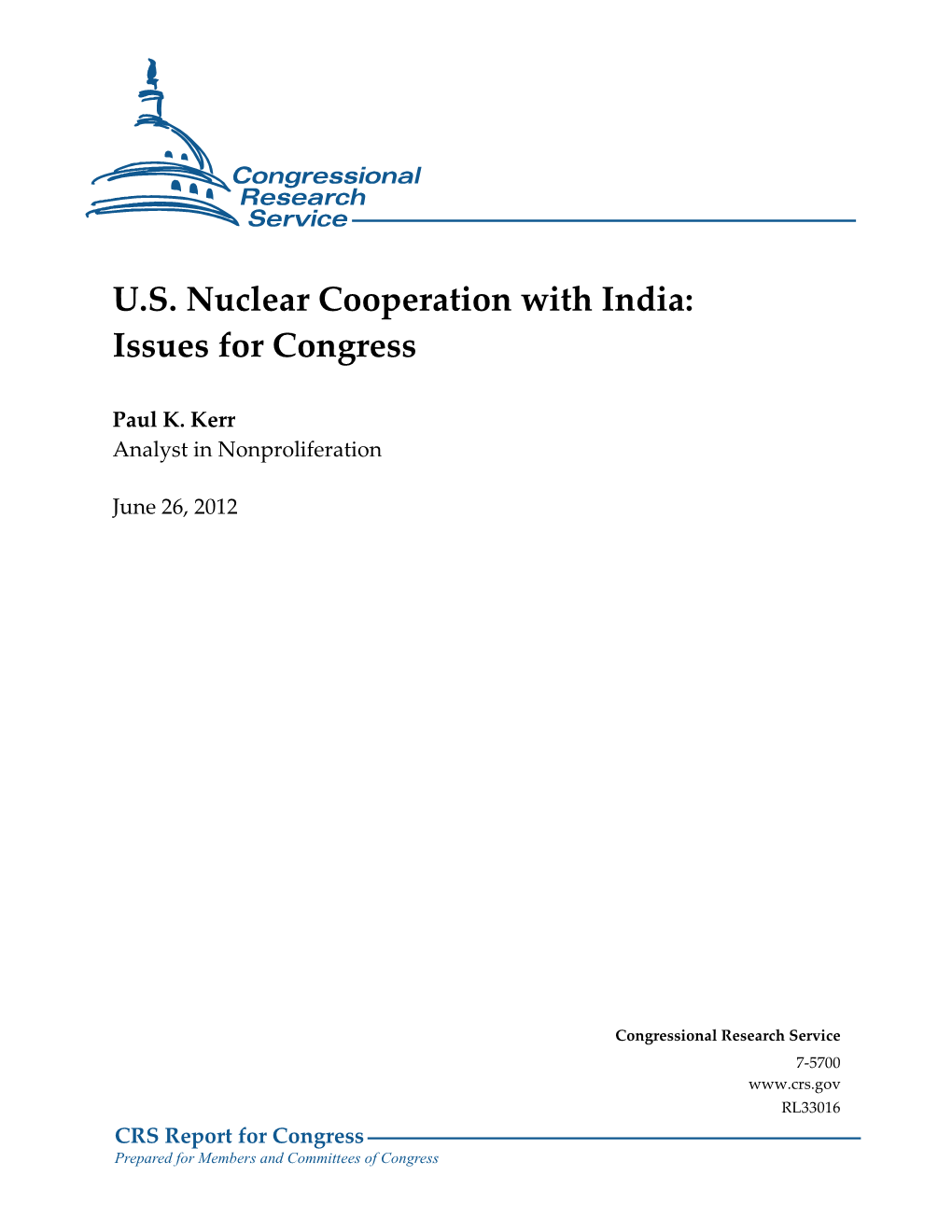 US Nuclear Cooperation with India