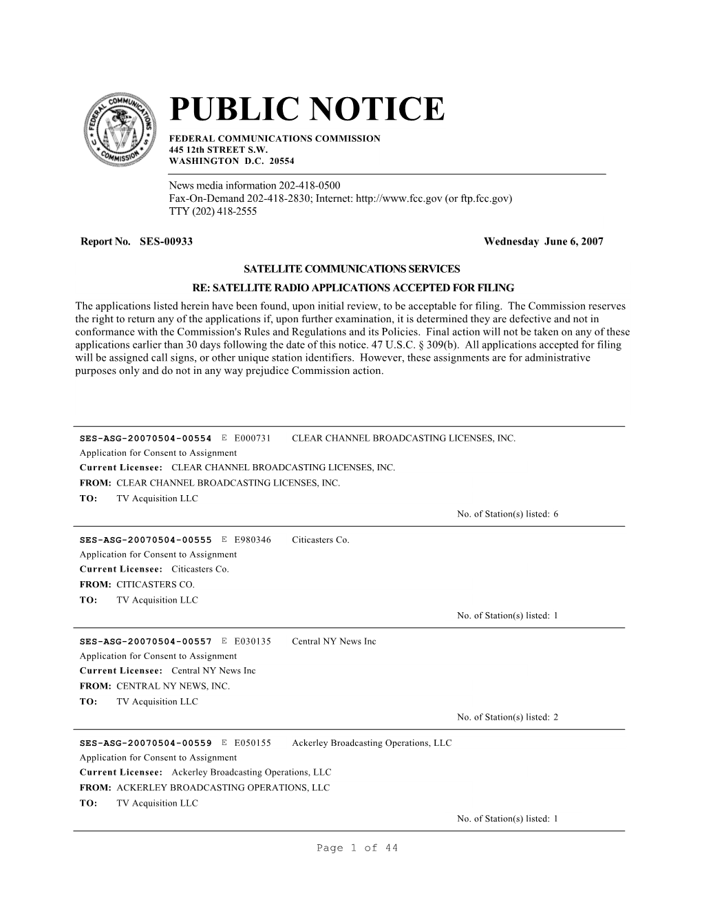 PUBLIC NOTICE FEDERAL COMMUNICATIONS COMMISSION 445 12Th STREET S.W