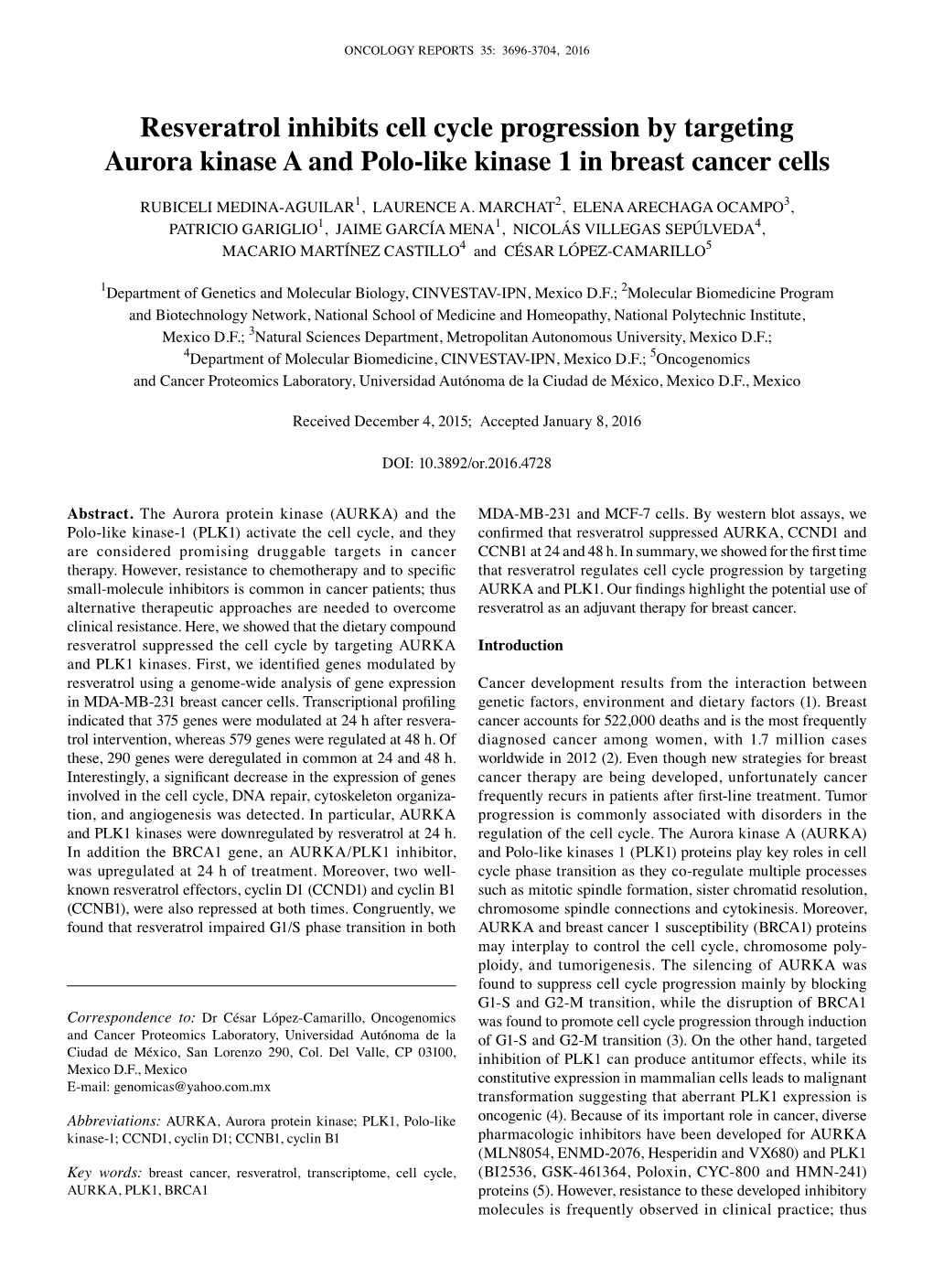 Resveratrol Inhibits Cell Cycle Progression by Targeting Aurora Kinase a and Polo-Like Kinase 1 in Breast Cancer Cells