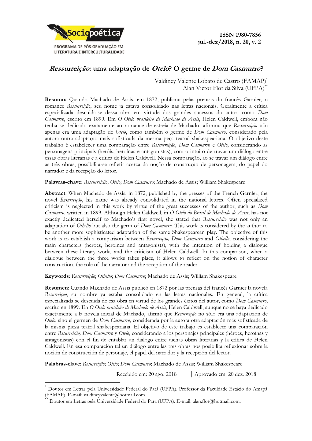 Ressurreição: Uma Adaptação De Otelo? O Germe De Dom Casmurro?