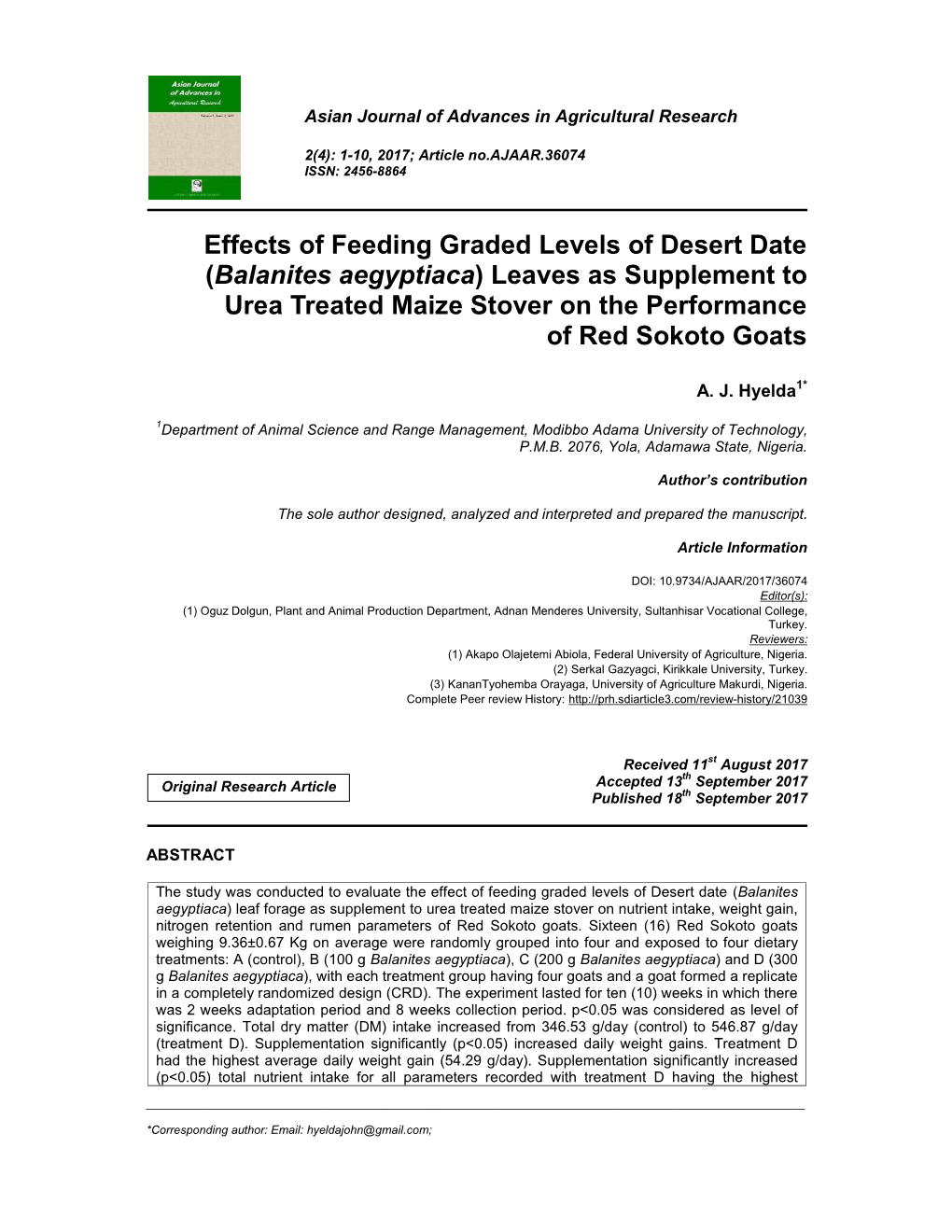 (Balanites Aegyptiaca) Leaves As Supplement to Urea Treated Maize Stover on the Performance of Red Sokoto Goats