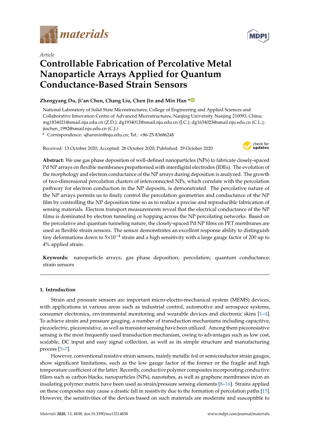 Controllable Fabrication of Percolative Metal Nanoparticle Arrays Applied for Quantum Conductance-Based Strain Sensors