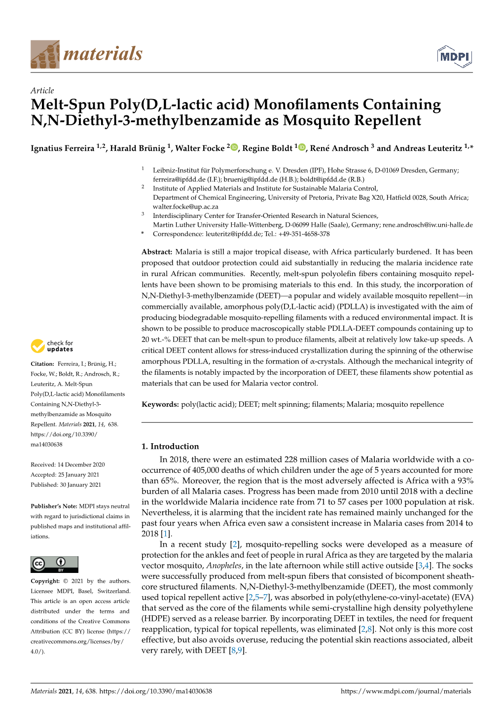 Melt-Spun Poly(D,L-Lactic Acid) Monoﬁlaments Containing N,N-Diethyl-3-Methylbenzamide As Mosquito Repellent