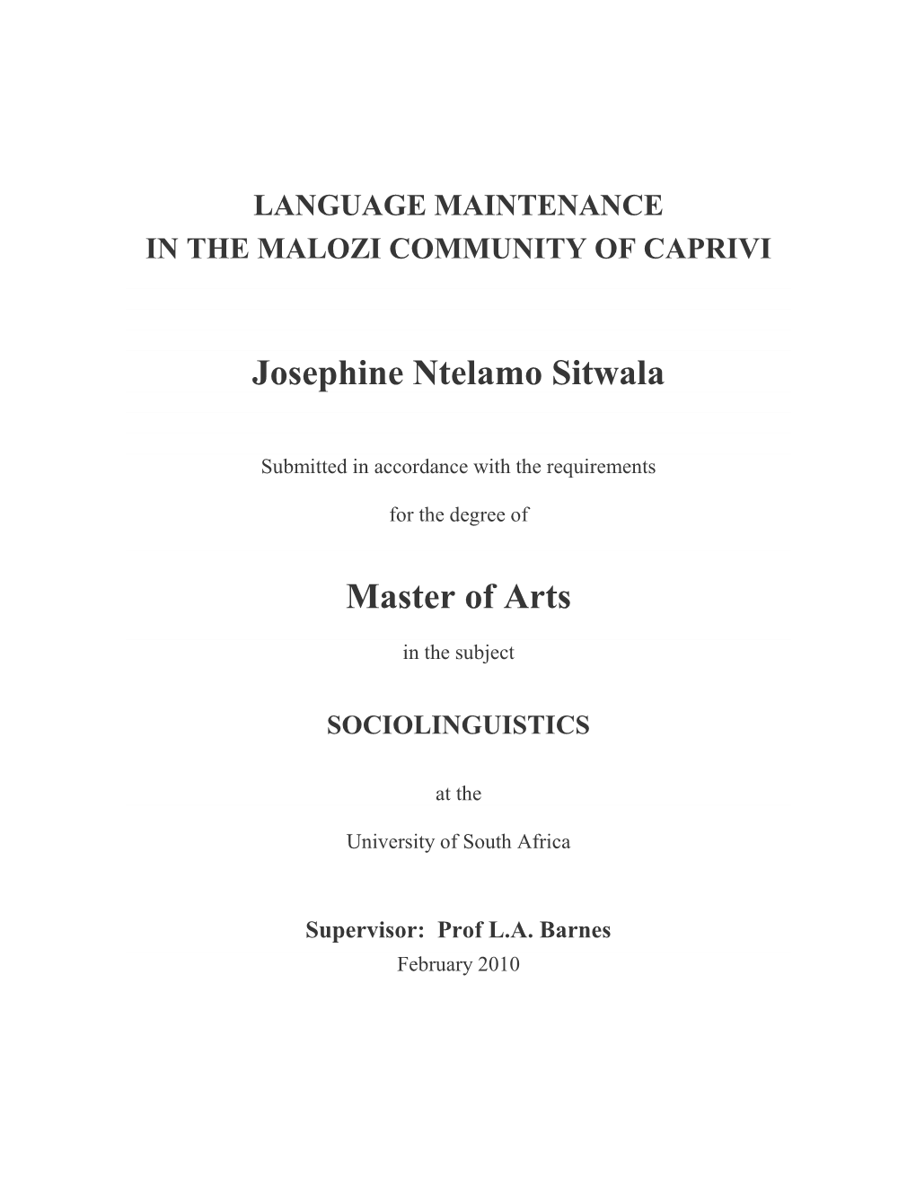 Josephine Ntelamo Sitwala Master of Arts