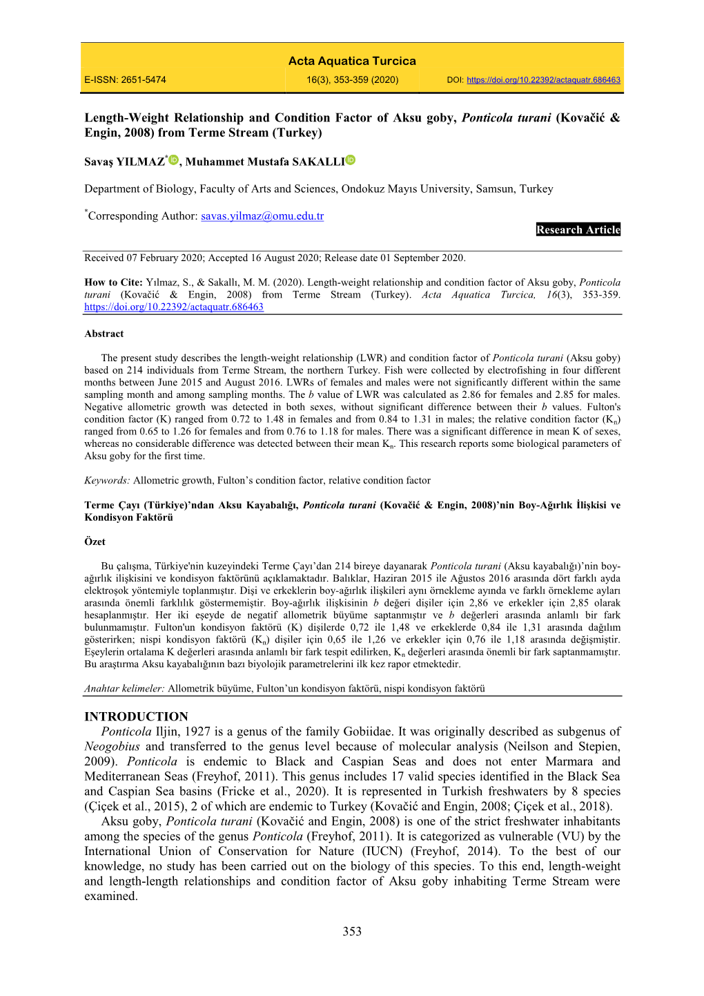 353 Length-Weight Relationship and Condition Factor of Aksu Goby