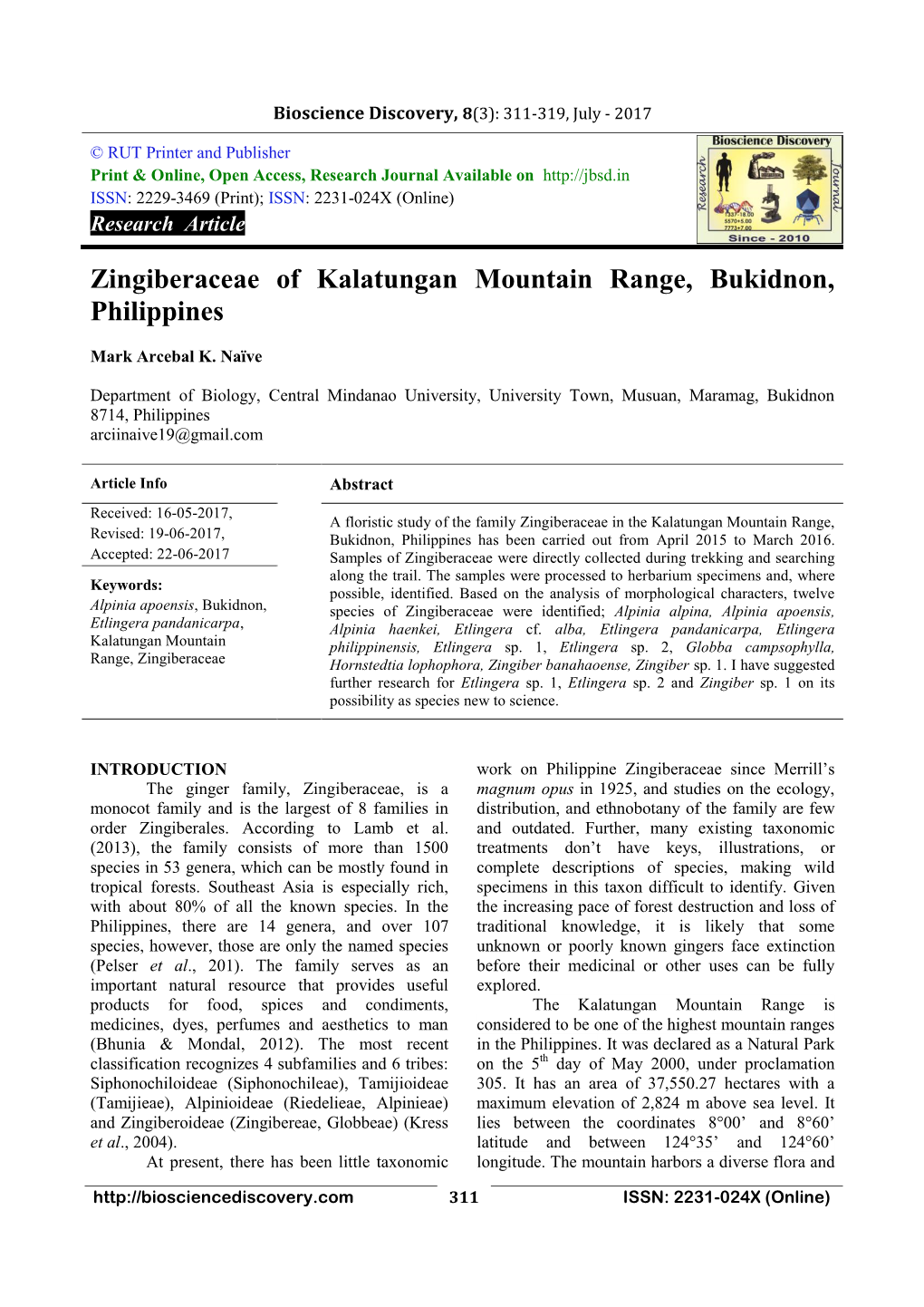 Zingiberaceae of Kalatungan Mountain Range, Bukidnon, Philippines