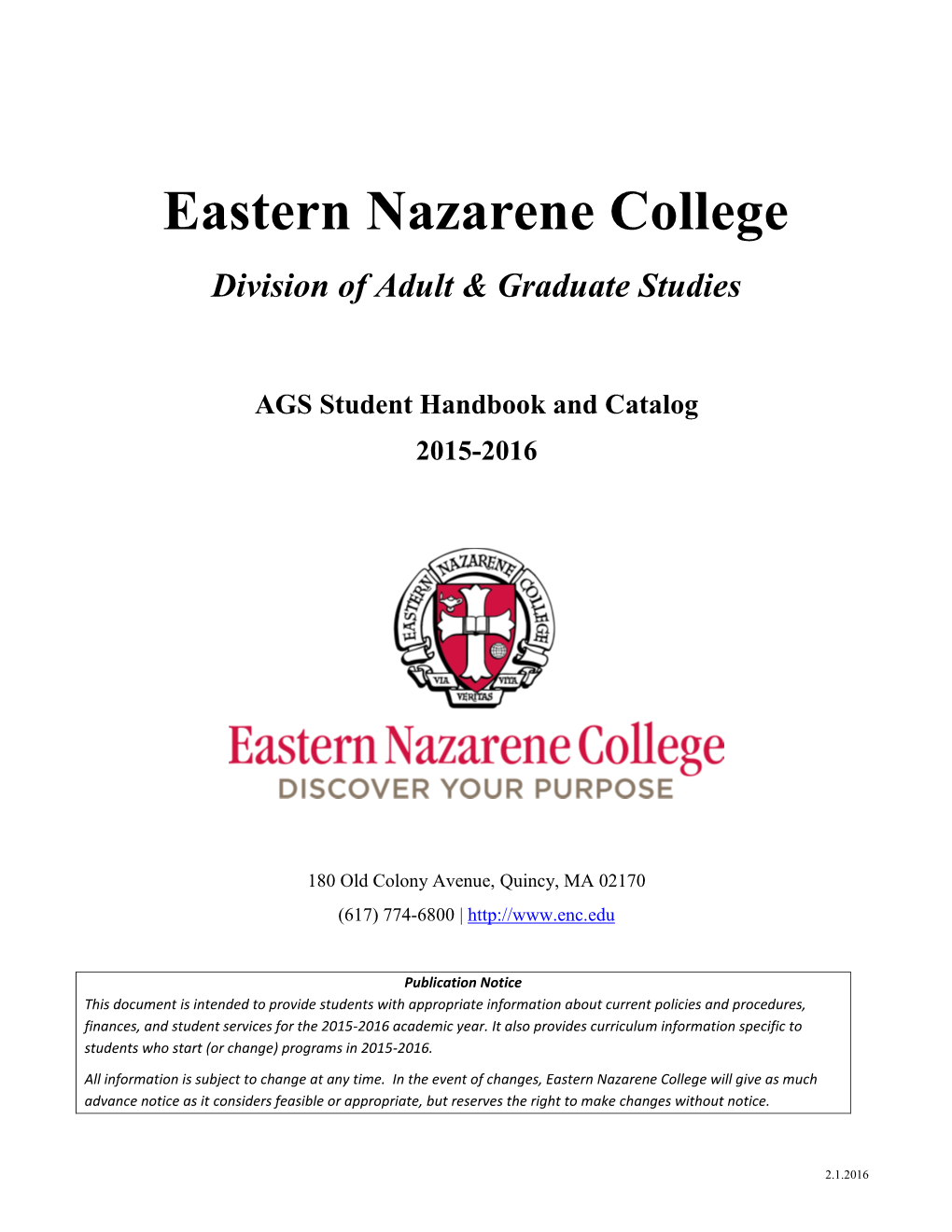 Adult & Graduate Studies Catalog 2015-2016