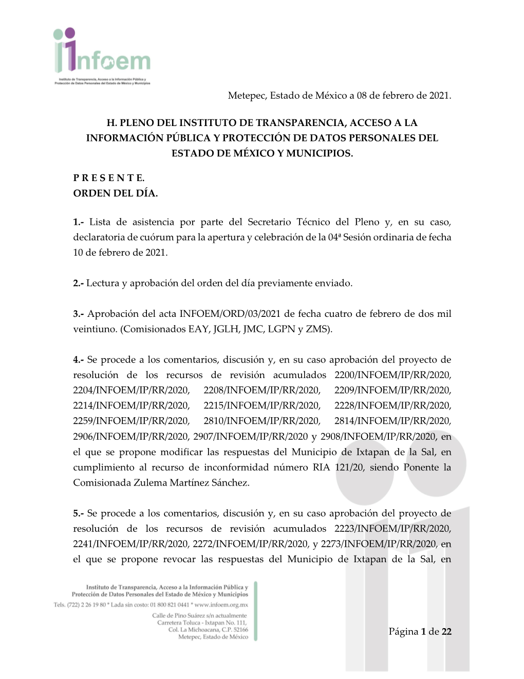 Página 1 De 22 Metepec, Estado De México a 08 De Febrero De 2021. H