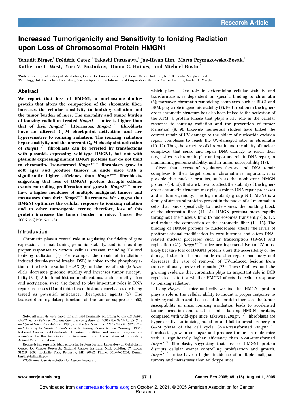 Increased Tumorigenicity and Sensitivity to Ionizing Radiation Upon Loss of Chromosomal Protein HMGN1