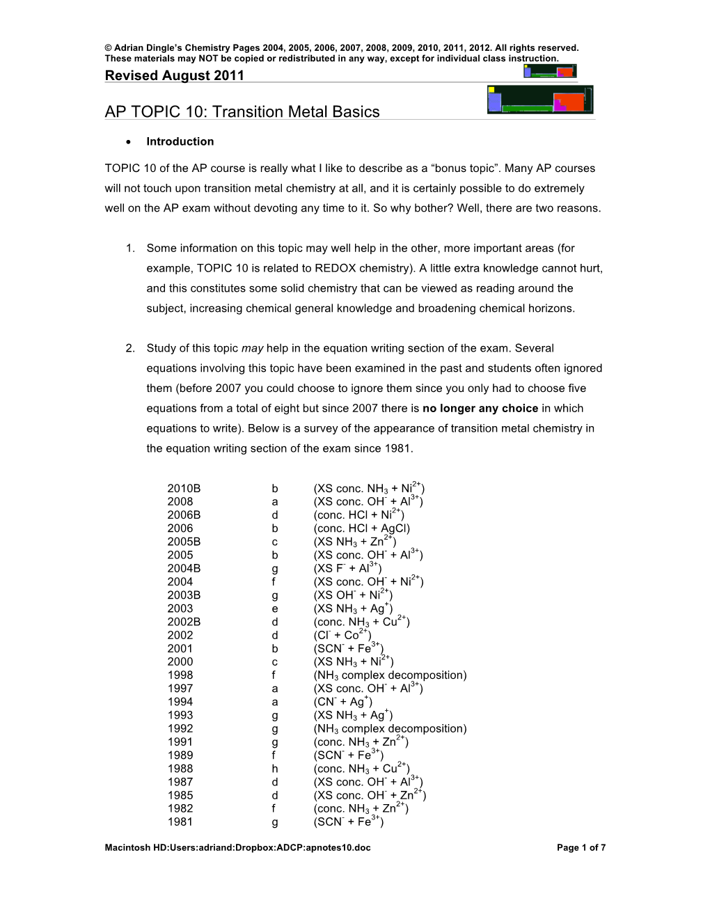 AP TOPIC 10: Transition Metal Basics