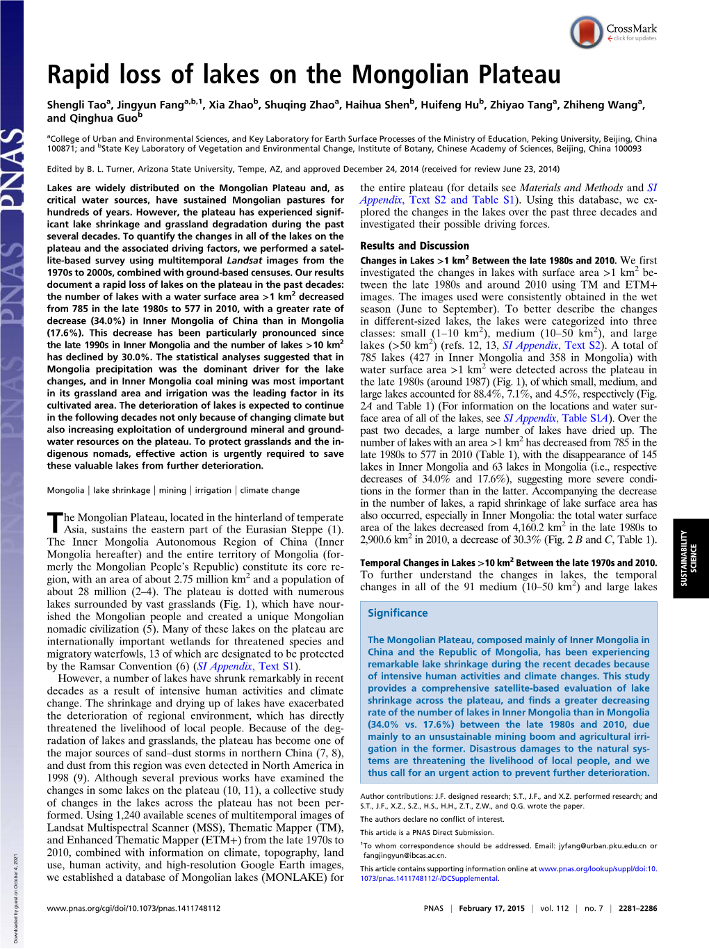 Rapid Loss of Lakes on the Mongolian Plateau