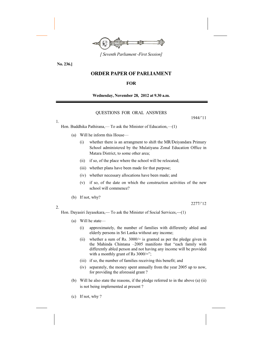 Order Paper of Parliament