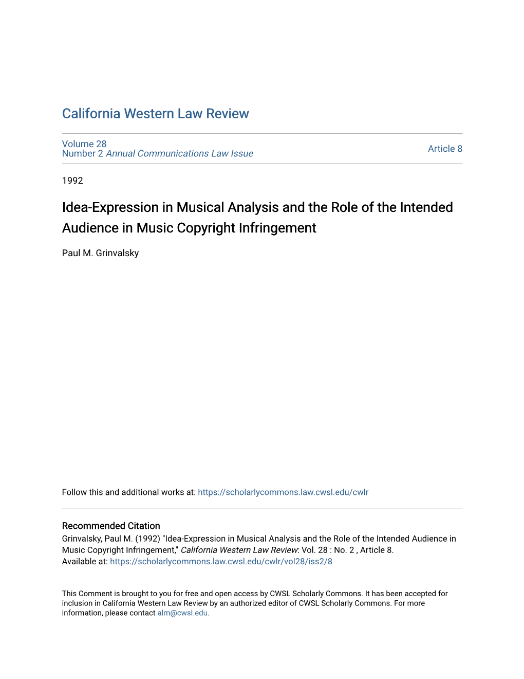 Idea-Expression in Musical Analysis and the Role of the Intended Audience in Music Copyright Infringement