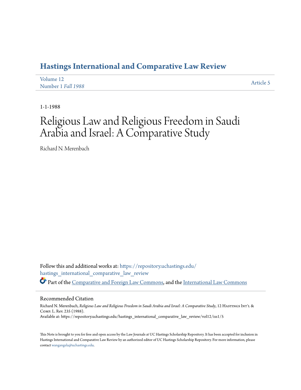 Religious Law and Religious Freedom in Saudi Arabia and Israel: a Comparative Study Richard N