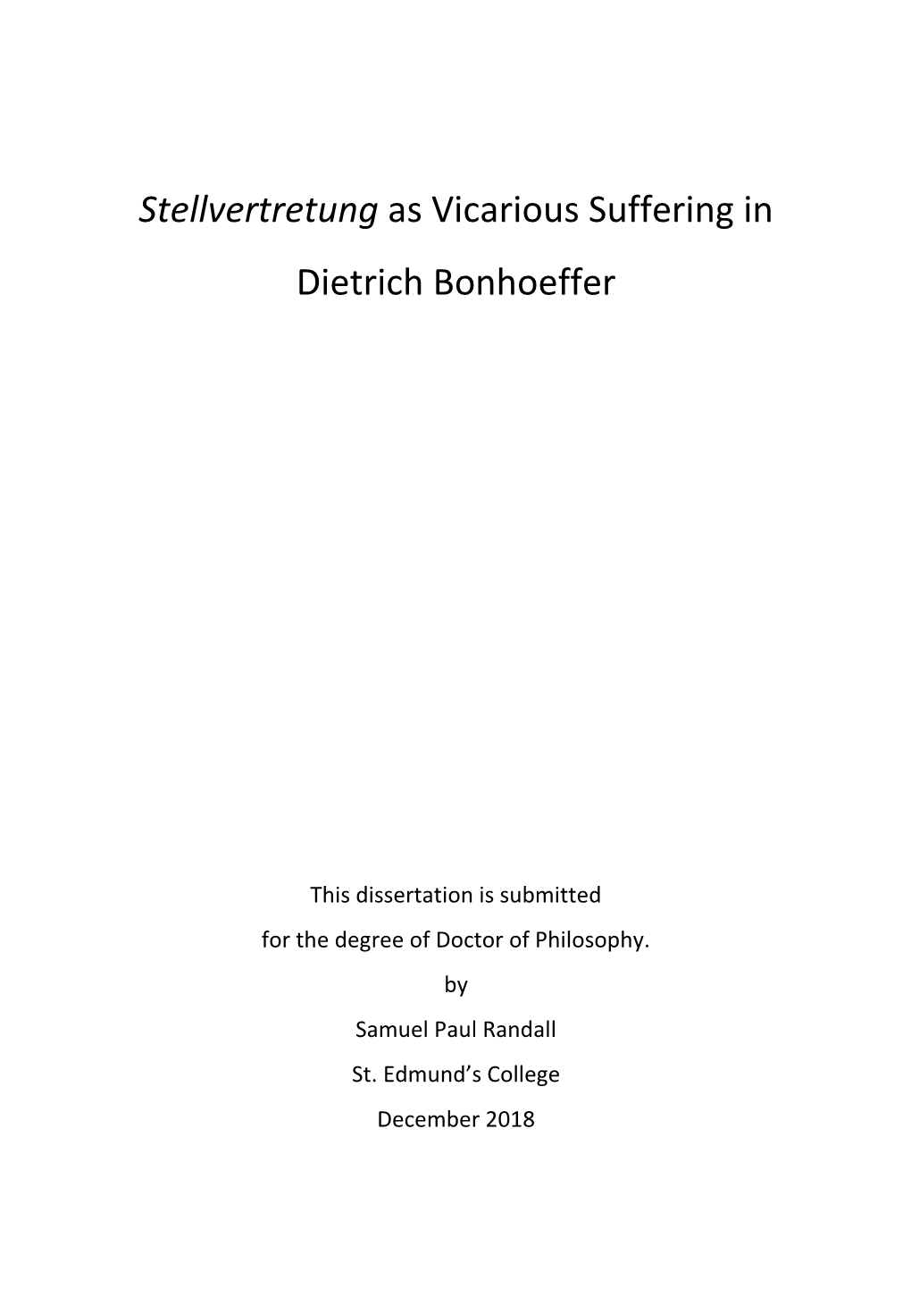 Stellvertretung As Vicarious Suffering in Dietrich Bonhoeffer