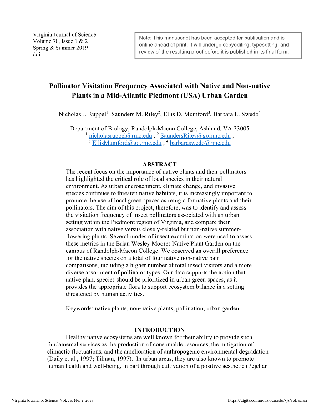 Pollinator Visitation Frequency Associated with Native and Non-Native Plants in a Mid-Atlantic Piedmont (USA) Urban Garden