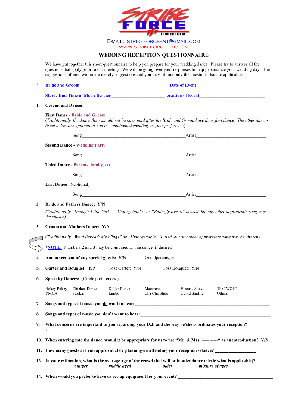 Wedding Dance Questionnaire