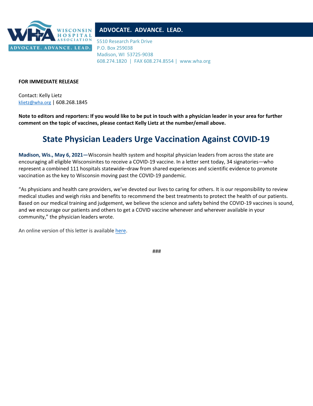 State Physician Leaders Urge Vaccination Against COVID-19