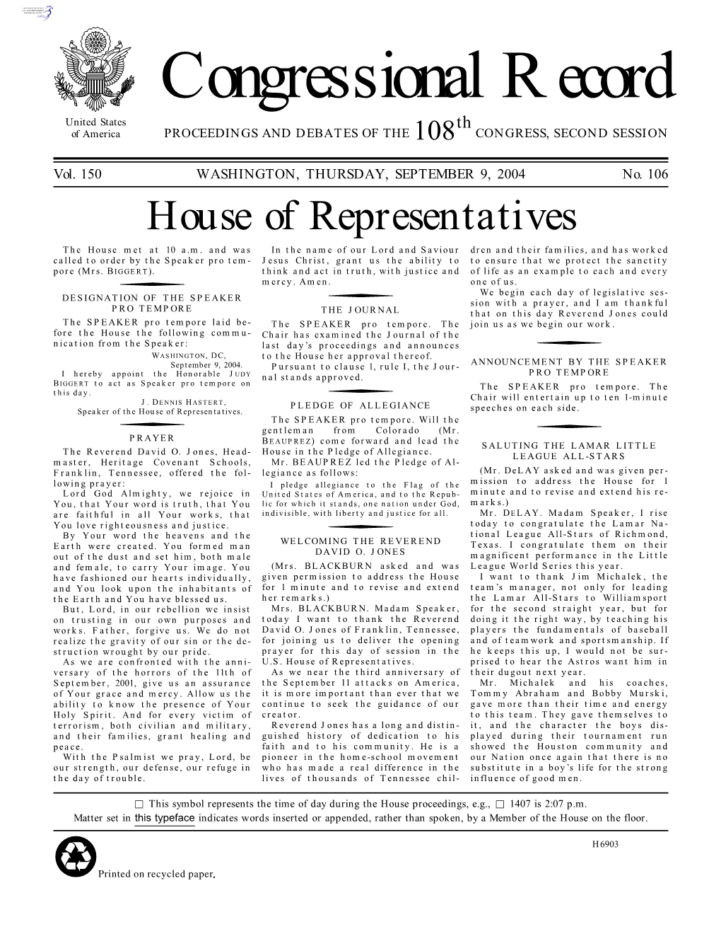 Congressional Record United States Th of America PROCEEDINGS and DEBATES of the 108 CONGRESS, SECOND SESSION