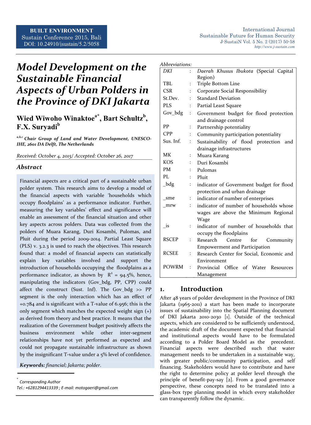 Model Development on the Sustainable Financial Aspects of Urban Polders in the Province of DKI Jakarta
