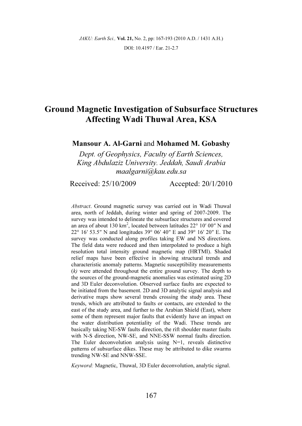 Ground Magnetic Investigation of Subsurface Structures Affecting Wadi Thuwal Area, KSA