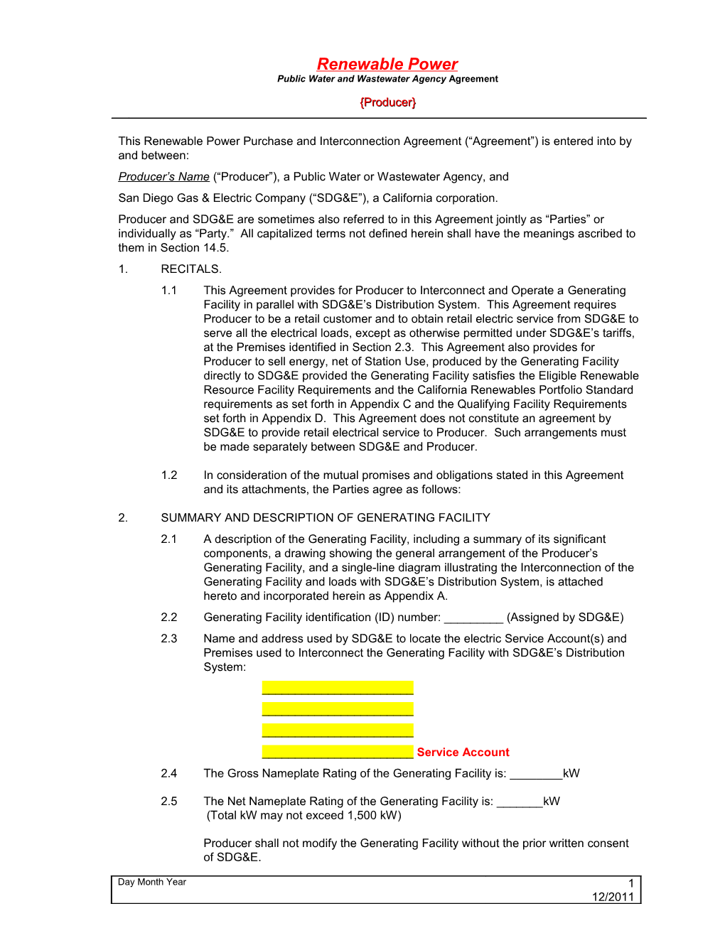 This Power Purchase Agreement ( Agreement ) Is Entered Into by and Between