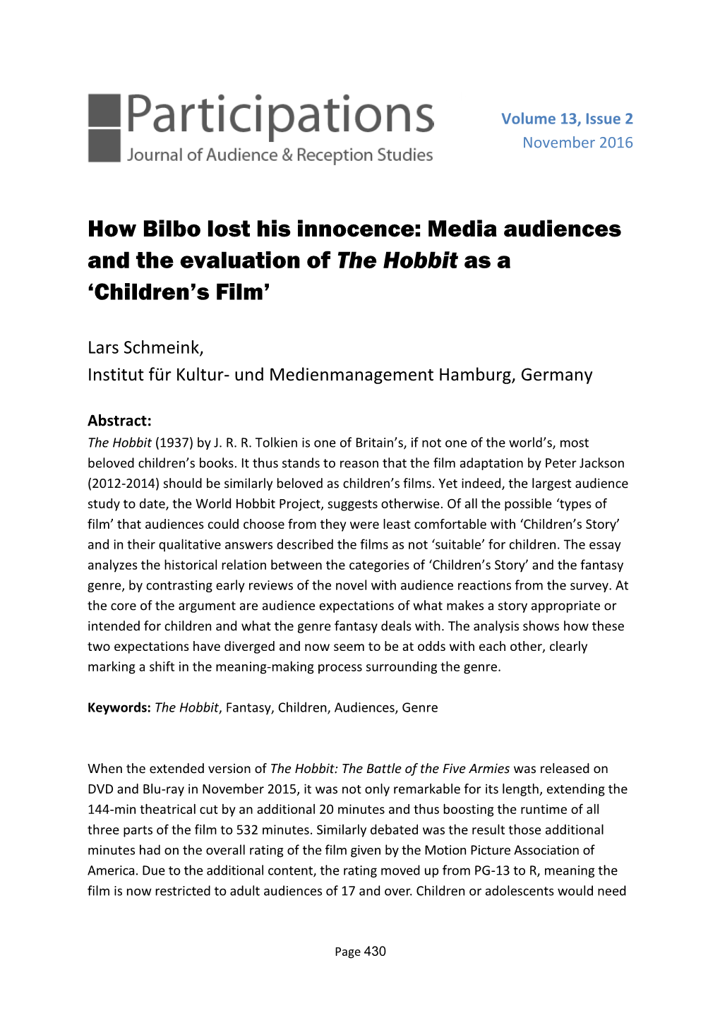 How Bilbo Lost His Innocence: Media Audiences and the Evaluation of the Hobbit As a ‘Children’S Film’