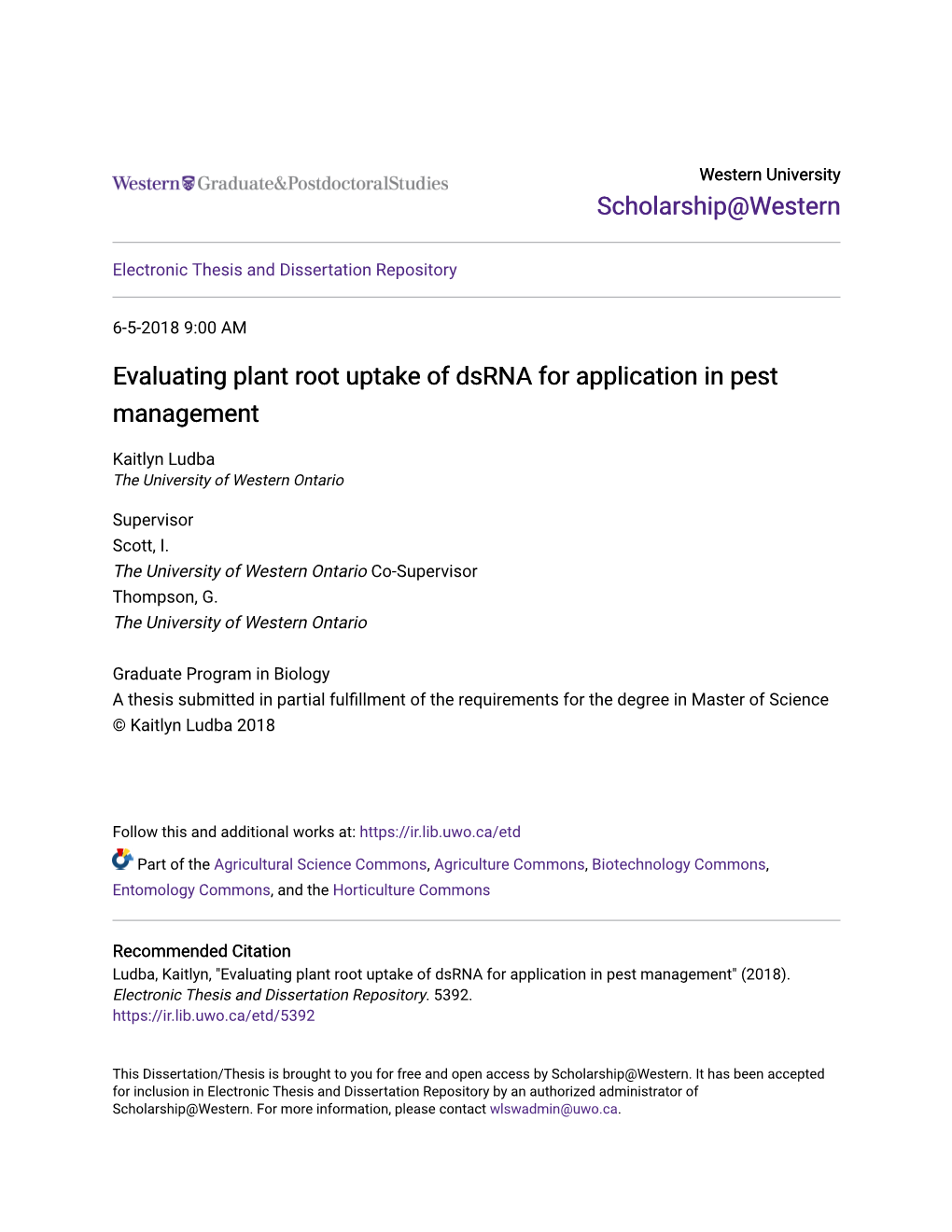 Evaluating Plant Root Uptake of Dsrna for Application in Pest Management