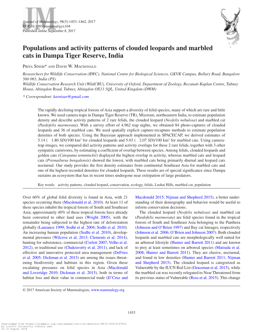 Populations and Activity Patterns of Clouded Leopards and Marbled Cats in Dampa Tiger Reserve, India