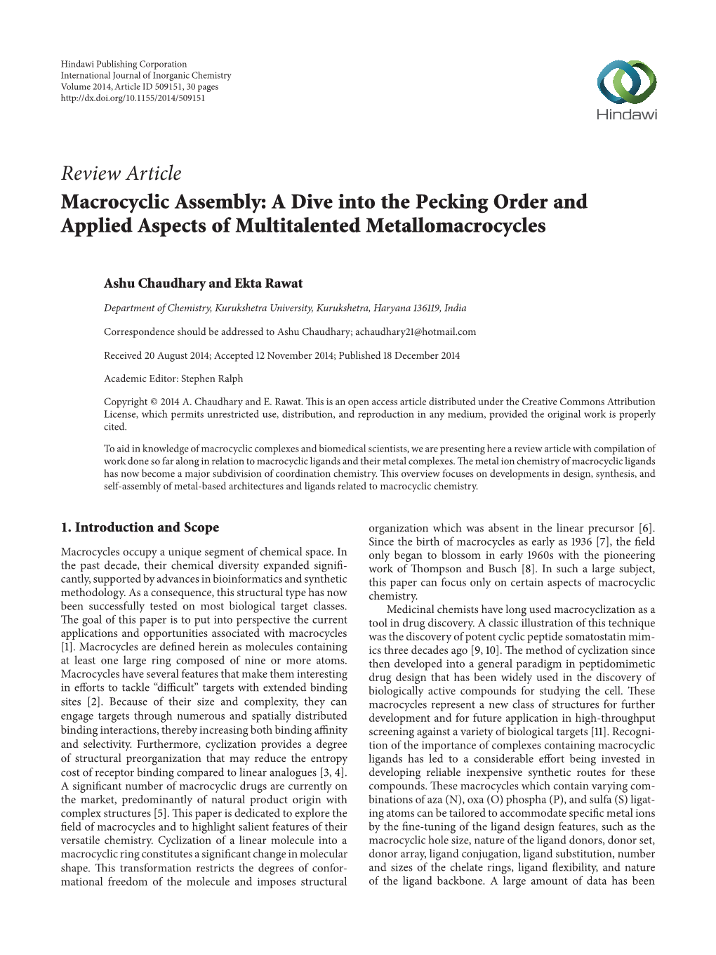 Review Article Macrocyclic Assembly: a Dive Into the Pecking Order and Applied Aspects of Multitalented Metallomacrocycles