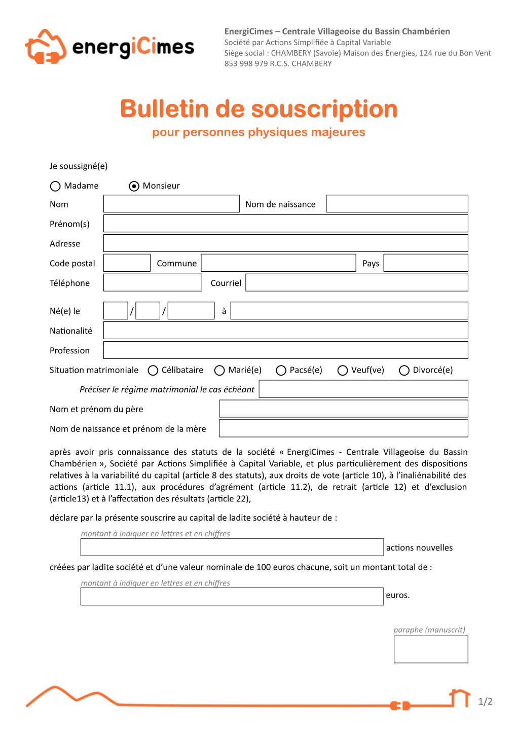 Bulletin De Souscription Pour Personnes Physiques Majeures