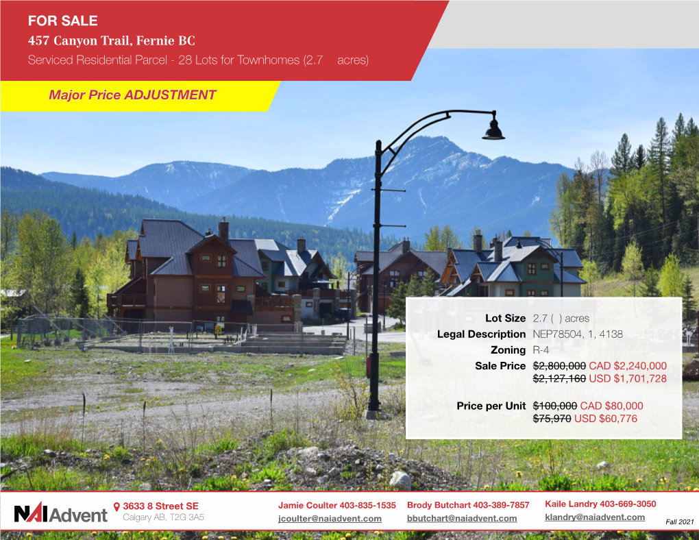 FOR SALE 457 Canyon Trail, Fernie BC Serviced Residential Parcel - 28 Lots for Townhomes (2.7 ± Acres)